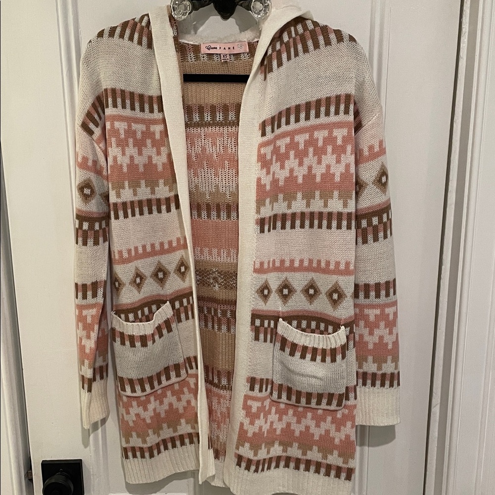 Crave Fame Hooded Cardigan - Pink and Brown Geometric